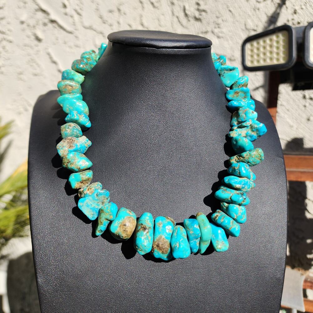 Vtg Santo Domingo Kingman Turquoise Necklace Blue Chunk Nugget Kewa Native Pawn - Picture 17 of 17